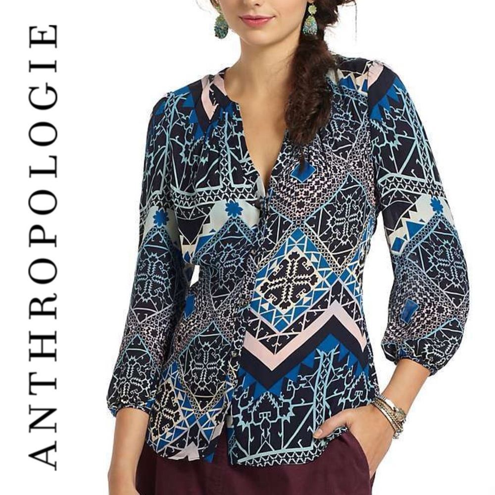 Anthropologie Leifsdottir Tribal Geometric Print Silk Top Boho Cottage Size 6